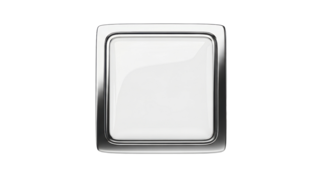 A glossy white square push button with a shiny, beveled silver metallic frame, isolated on a white background.