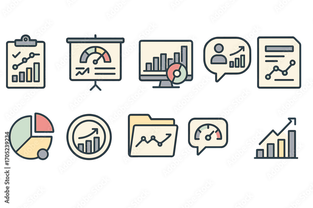 Poster business and analytics icon set. flat statistical and growth analysis icons collection