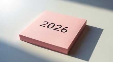 Pink sticky note with "2026" in black text sitting on a white surface