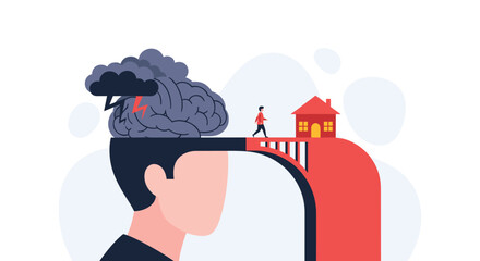 Mental health bridge from storm to home concept illustration.
