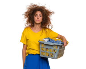Laundry Day Blues: Overwhelmed Woman with Messy Hair and Basket isolated on a transparent background