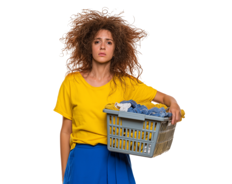 Laundry Day Blues: Overwhelmed Woman with Messy Hair and Basket isolated on a transparent background