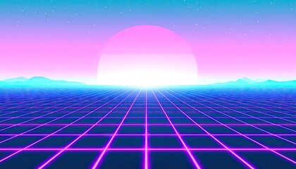 Retro Vaporwave Horizon Grid Sunrise Landscape