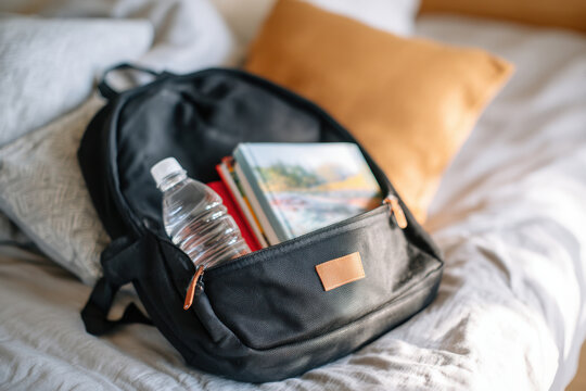 Colorful backpack and school supplies on a bed - Powered by Adobe