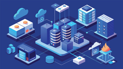 Obraz premium Illustration of a modern data center architecture showcasing cloud connectivity and server management