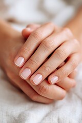 Fototapeta premium Two graceful female hands, neatly manicured, are gently resting together in a tranquil environment