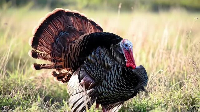 Majestic turkey struts in a field with vibrant plumage and tail feathers on display, wild animal in nature.