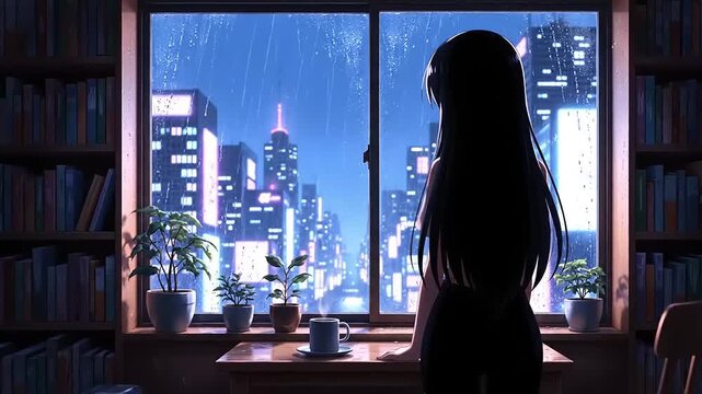 Anime girl looking out window at rainy city night