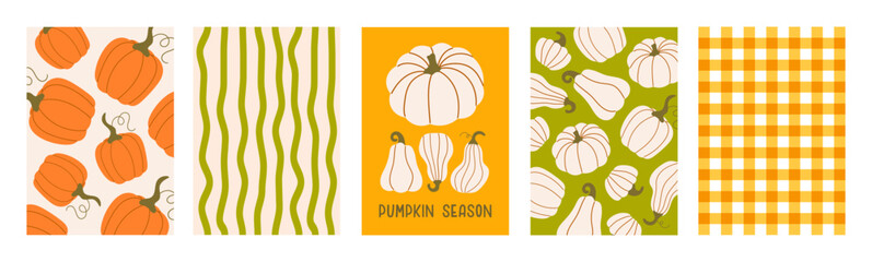 Set of autumn colorful greeting cards with pumpkins. Cute vertical fall backgrounds. Vector illustration