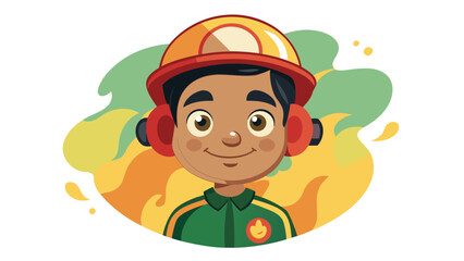 Young firefighter cartoon character smiling in front of flames with protective gear on