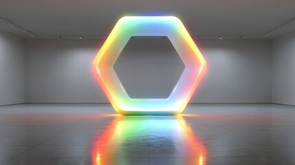 Hexagonal Neon Light Sculpture Glowing With Rainbow Colors In Art Gallery abstract artistic