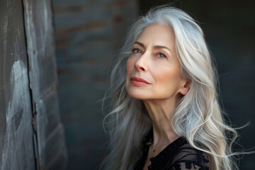 Obraz premium Elegant Senior Woman with Long Silver Hair Looking Up Outdoors
