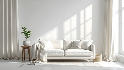 A minimalist, pure white living space with a linen sofa, soft curtains, and a small plant, creating a serene and modern atmosphere with natural light