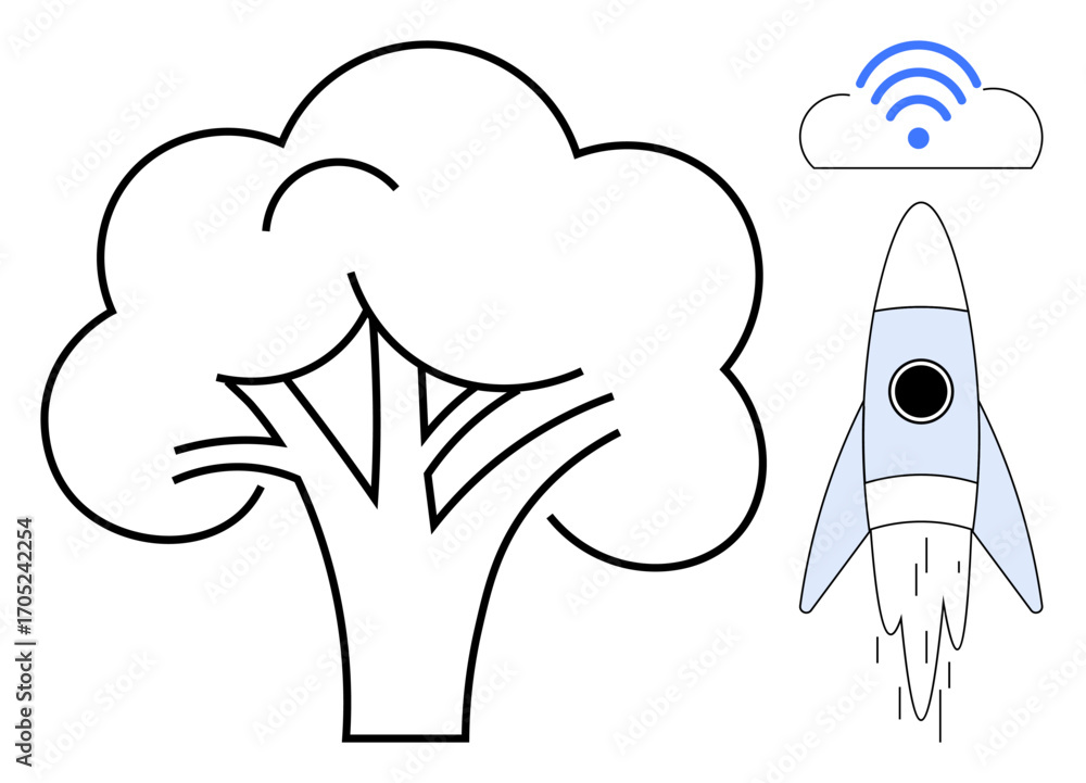 Poster rocket launching alongside a cloud with a wireless signal above and a tree symbolizing nature. ideal