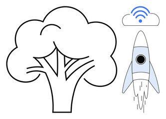 Rocket launching alongside a cloud with a wireless signal above and a tree symbolizing nature. Ideal for technology, innovation, growth, sustainability, environment, connectivity, progress. Simple