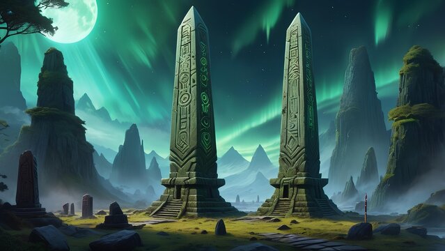 Mystical fantasy landscape featuring ancient twin obelisks under a glowing green aurora and full moon