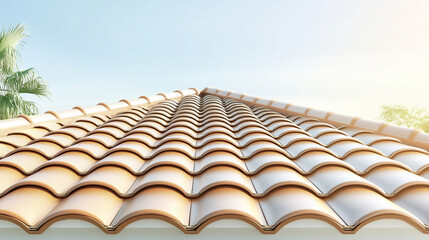 Stylish rooftop featuring a series of terracotta tiles, showcasing craftsmanship and aesthetic appeal against a clear sky
