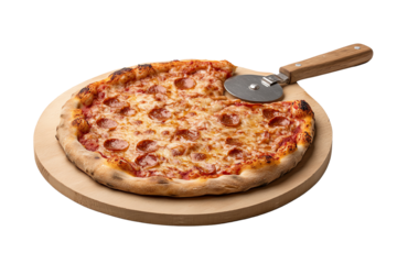 Delicious pepperoni pizza on wooden board with a pizza cutter, isolated on white background.