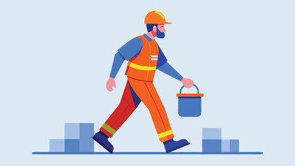Construction worker carrying a bucket walks on site while wearing safety gear