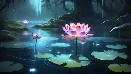 Mystical scene of luminous pink lotus blossoms floating on a tranquil pond in an enchanted moonlit forest