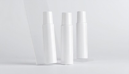 White Airless Pump Cylinders on Acrylic Riser Mockup