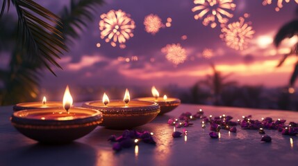Banner design for diwali festival and podium,Diwali light decoration candle with fireworks,Stage,Product display Showcase design sparkle background,Deepavali,Dipavali,3D podium illustration.