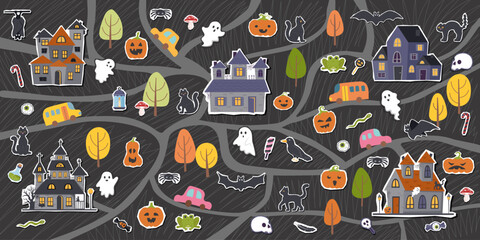 Halloween concept banner. Halloween map of town with different objects. Vector flat background.