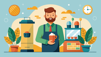 Coffee shop barista serving a warm drink in a colorful cafe setting during the afternoon