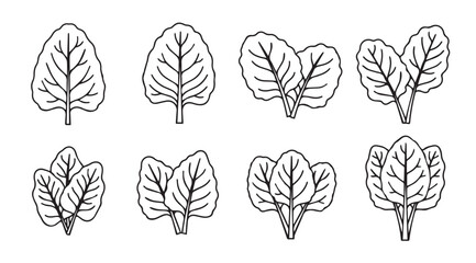 Collection of hand drawn spinach leaves in a distinctive silhouette style