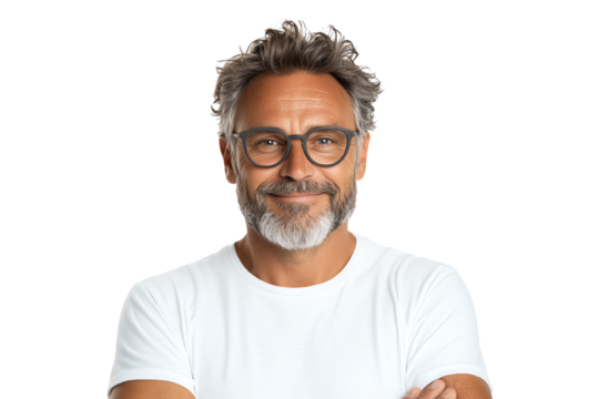 Confident middle-aged man with glasses smiling against a white background.