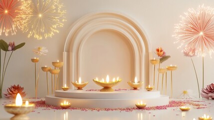 Banner design for diwali festival and podium,Diwali light decoration candle with fireworks,Stage,Product display Showcase design sparkle background,Deepavali,Dipavali,3D podium illustration.