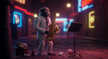 A chimpanzee in a suit plays a saxophone on a street at night