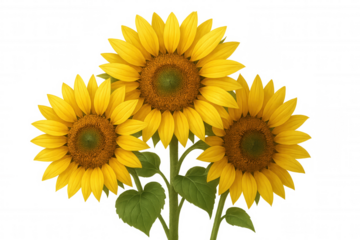 Vibrant sunflowers clustering, golden petals spreading against transparent backdrop, radiating warm summer brightness