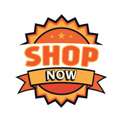 Shop now badge vector design, orange sale emblem, perfect for ecommerce banner, retail promotion sticker, online store call to action button, digital shop marketing, special offer label illustration.