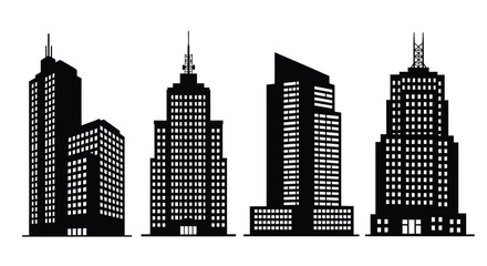 Collection of diverse modern skyscraper silhouettes in black and white
