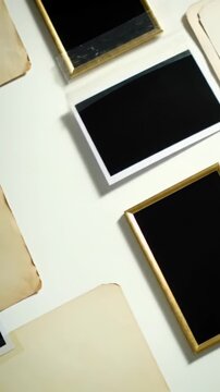 Overhead video of aged paper, vintage frames, tape on pristine white surface, slow dolly push-in under soft studio light. Concept of heritage and future potential