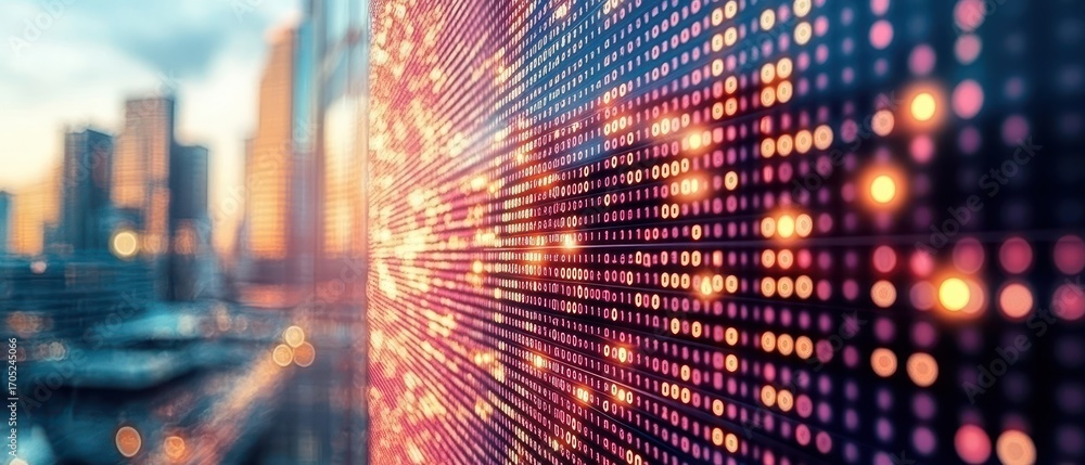 Poster digital screen shows binary code with bright lights and cityscape background. concept related to cry