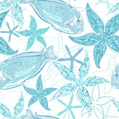 Stylish seamless pattern on marine theme with cute fish and starfish on white. Vector. Perfect for design templates, wallpaper, wrapping, fabric, print and textile. 