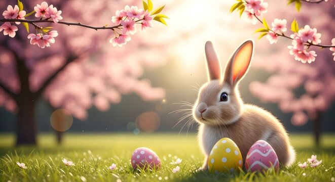 Springtime joy: adorable bunny with colorful easter eggs in blooming cherry blossom garden