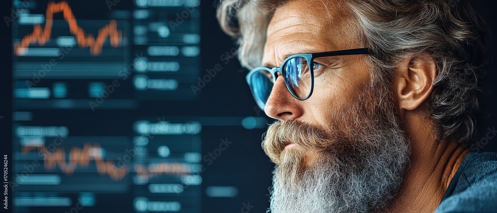 Poster man looking at screen. display shows charts and data. concept for cryptocurrency trading and market 