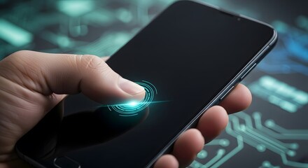 Futuristic smartphone interface with fingerprint security on digital circuit background