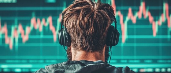 Person with Headphones Watches Cryptocurrency Trading Graph. Monitor displays line chart depicting market fluctuations. Visual finance analytics.