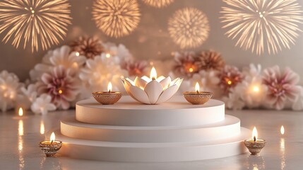 Banner design for diwali festival and podium,Diwali light decoration candle with fireworks,Stage,Product display Showcase design sparkle background,Deepavali,Dipavali,3D podium illustration.