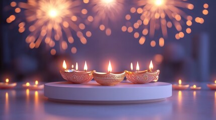Banner design for diwali festival and podium,Diwali light decoration candle with fireworks,Stage,Product display Showcase design sparkle background,Deepavali,Dipavali,3D podium illustration.