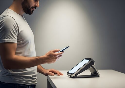 Man using smartphone for contactless payment at modern point of sale terminal in retail environment - Powered by Adobe