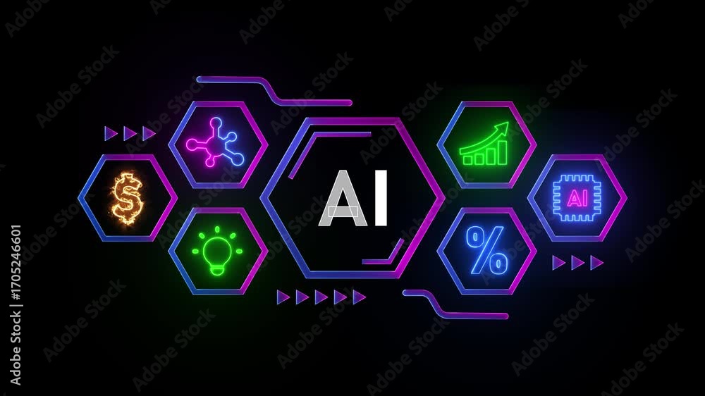 Poster neon hexagons with ai icons and text artificial intelligence