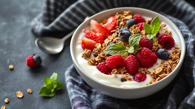 Healthy breakfast bowl with granola fruits greek yogurt