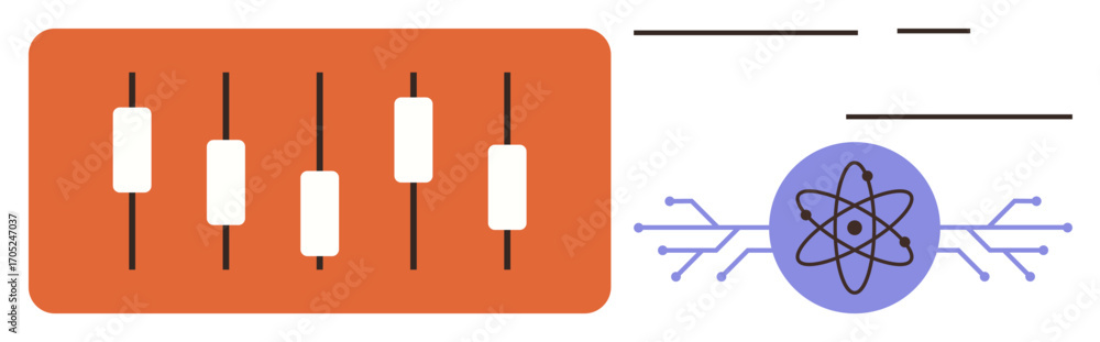 Poster control sliders with an atomic symbol connected to circuits, symbolizing data, science, technology, 