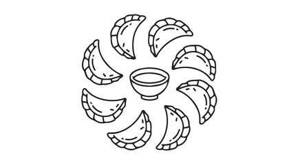 Hand drawn silhouette of dumplings arranged in a circle around a dipping sauce bowl