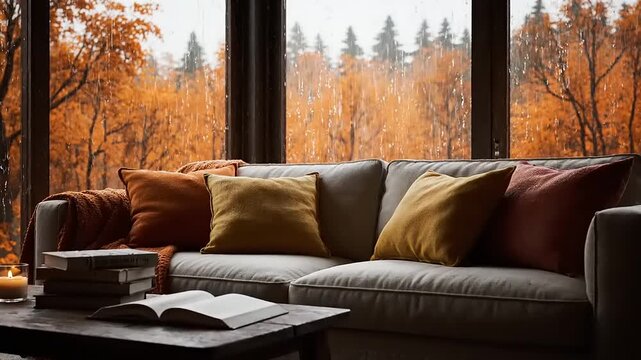 Cozy autumn day indoors with rain falling on colorful fall trees outside